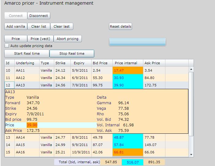 Amarco pricer pour dérivés - Interface Silverlight