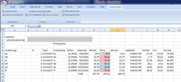 Amarco pricer pour dérivés - Interface Excel
